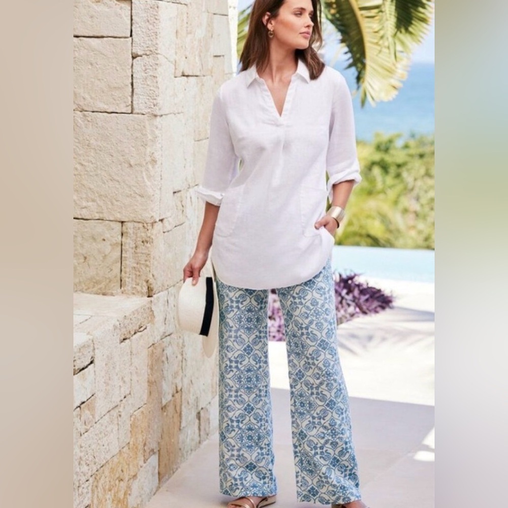 Soft Surroundings Aliso Point Linen Pants in Blue Tile Print Size Large NEW